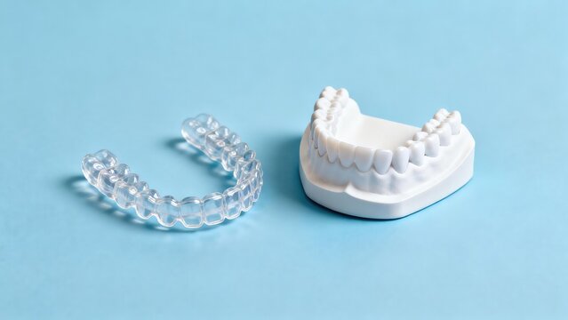 Clear dental aligner on plaster model teeth, showcasing the process orthodontic treatment for teeth straightening and smile correction