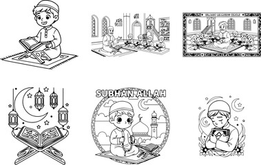 islamic kids learning quran and mosque interior vector illustration set with prayer elements, ramadan kareem theme, line art cartoon design for religious education