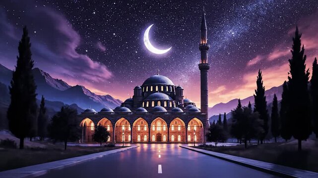 Ethereal Night Journey. A grand mosque glows under a crescent moon and starry sky, suitable for faith-based media or cinematic travel footage.