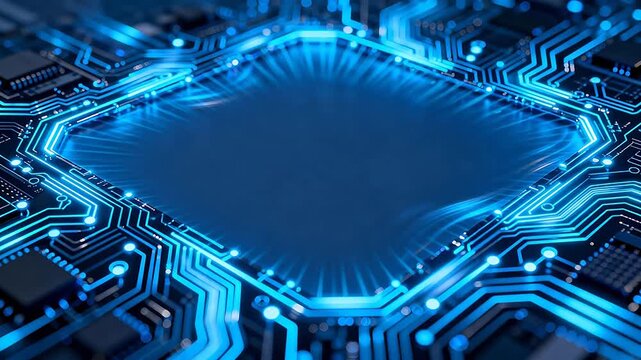 Blue glowing circuit board with complex network lines and nodes on a dark technology background