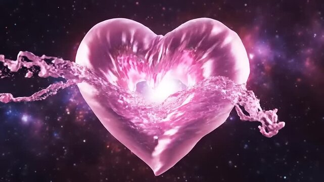 A pink heart-shaped object glows in space with water splashing, surrounded by stars and a cosmic environment from a frontal viewpoint