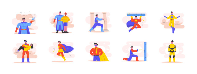 Fototapeta premium Set of 10 superhuman illustrations packs. Flat vector concepts.