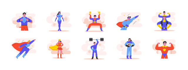 Fototapeta premium Set of 10 superhuman illustrations packs. Flat vector concepts.