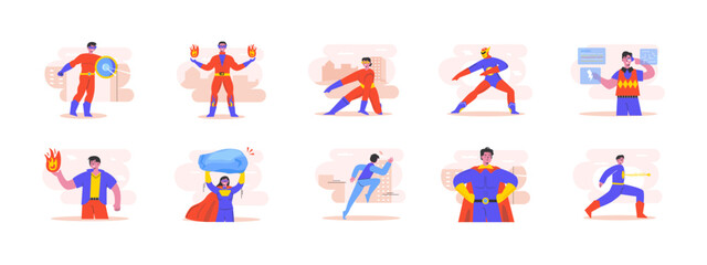 Fototapeta premium Set of 10 superhuman illustrations packs. Flat vector concepts.