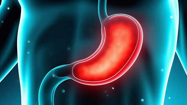 Vivid 3D medical illustration highlighting the human stomach, an integral organ of the digestive system, with a focus on its internal anatomy and physiological function in health and disease