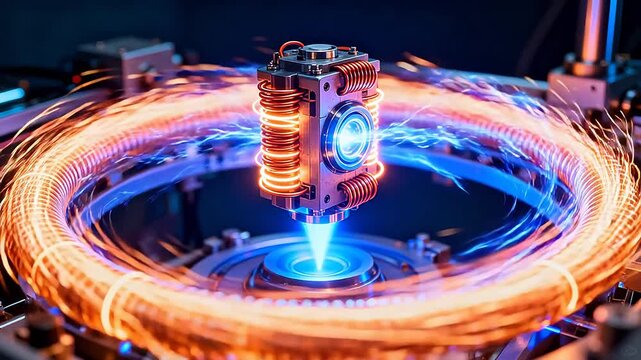 High-tech electromagnetic device with glowing coils and electric arcs