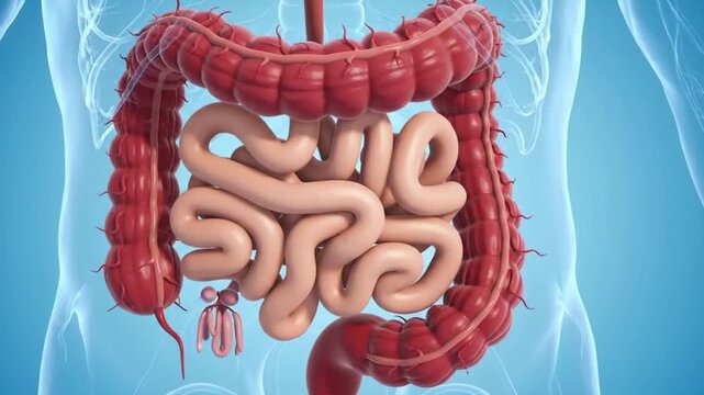 Detailed Visualization of Human Digestive System Exploring Intestines, Digestive Organs, and Areas Affected by Inflammation and Crohn Disease