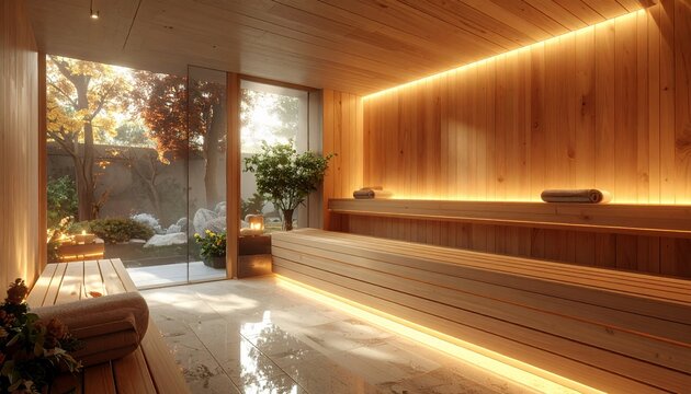 Modern Wooden Sauna Interior with Ambient Lighting and Outdoor View.