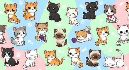 Fototapeta premium Seamless pattern of cute chibi kittens with various expressions, adorable cartoon cats playing with yarn balls and fish bones on colorful pastel background, nursery feline wallpaper.
