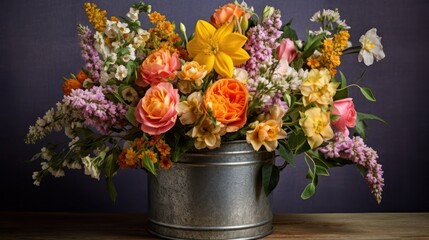 Fototapeta premium A dramatic, abundant bouquet of spring and summer flowers bursts with color from a rustic galvanized pail.
