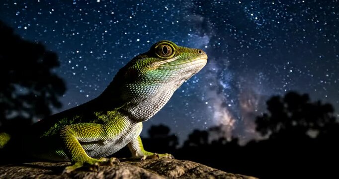 Green Lizard Under Starry Night Sky.