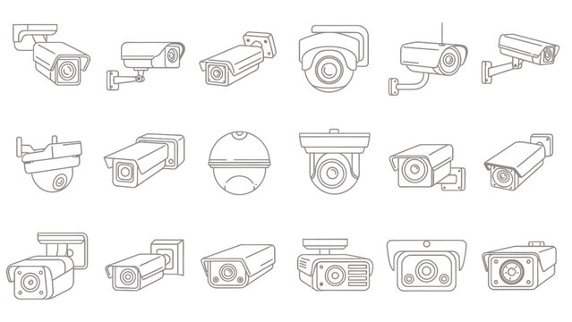 Collection of security camera icons and surveillance graphics set.