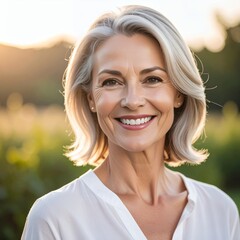 Naklejka premium Smiling Mature Woman with Grey Hair in Outdoor Setting.
