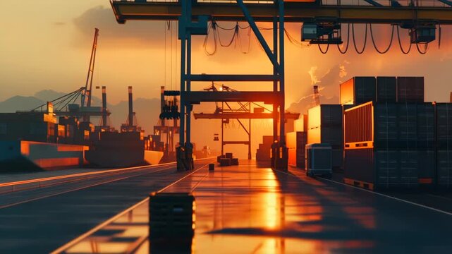 sunset container yard with reflective pavement, towering gantries and stacked boxes catching golden light, long shadows stretching across terminal, calm industrial atmosphere
