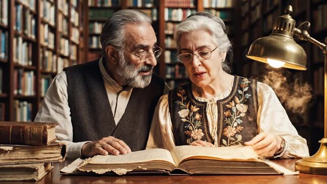 Elderly couple reading an old book together in a vintage library