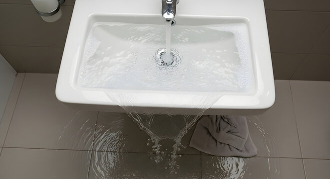 Bathroom sink overflowing with water onto the tiled floor. Running faucet causing a flood and water damage. Plumbing emergency concept