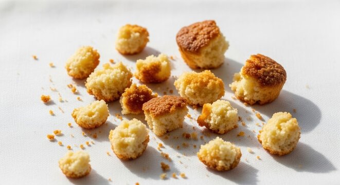 Broken sponge cake pieces and crumbs on white fabric. Golden muffin chunks scattered. Sweet dessert texture background