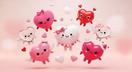 Collection of Adorable Heart Characters with Wings and Ribbons Floating in a Soft Pink Gradient Background with Bokeh Lights and Glitter Accents Celebrating Love and Romance