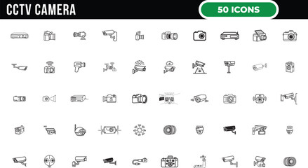 Modern security camera outline icon collection featuring CCTV monitoring symbols and video surveillance equipment signs