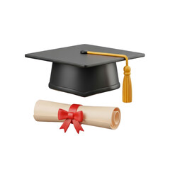 Black Graduation Cap With Yellow Tassel And Rolled Diploma Tied With Red Ribbon Isolated Transparent Background