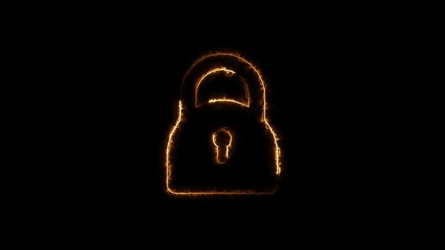 Lock icon neon glowing animation on black background. Digital security glow effect. 4k motion protection encryption privacy technology with black background concept.