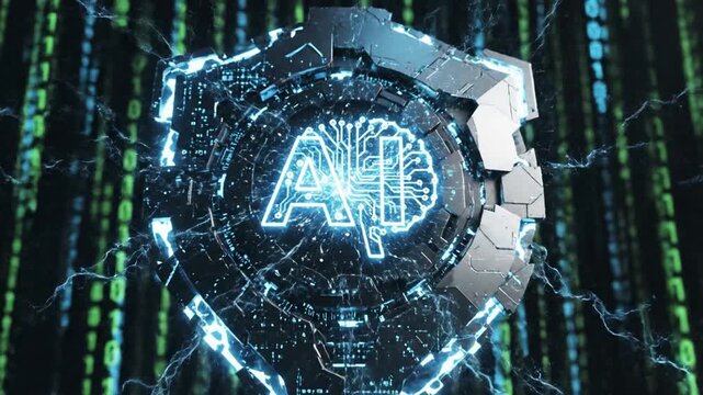 AI Shield: An artistic representation of artificial intelligence, with a glowing AI logo and brain symbol encased within a shield.