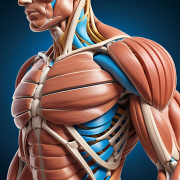 Human shoulder joint anatomy illustration highlighting muscles and structures in a detailed, educational style