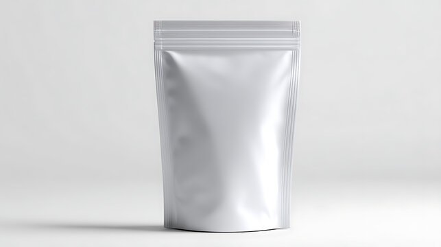 A silver pouch package isolated on a plain background