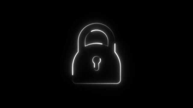 Lock icon neon glowing animation on black background. Digital security glow effect. 4k motion protection encryption privacy technology with black background concept.