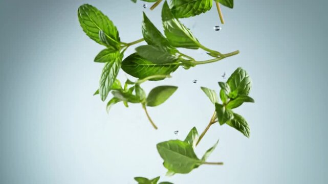 Fresh mint leaves scattering in the air, with white background and 4k resolution