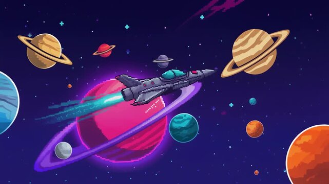 Pixel art spaceship flying through colorful planets in outer space with stars and cosmic background