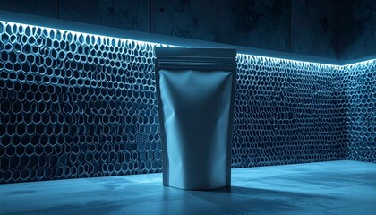 A metallic pouch stands alone on a reflective surface surrounded by a hexagonal patterned wall lit with blue neon lights from above in a dark environment viewed from the front