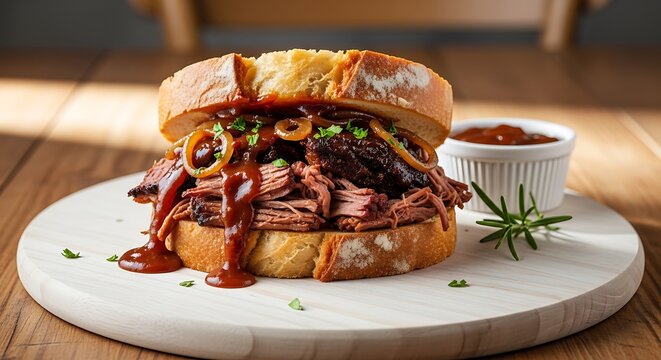 Delicious barbecue pulled pork sandwich with tangy coleslaw on a wooden board. braised brisket 
