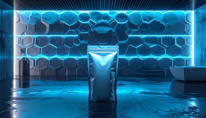 Futuristic room with glowing blue hexagonal walls and a sleek metallic chair with neon lights, viewed from the front