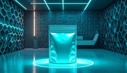 A glowing blue pouch standing on a shiny floor in a modern room with neon lighting and futuristic walls viewed from the front