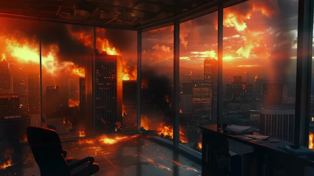 Silent office environment with intense burning cityscape and scattered papers. Vacant interior space showcasing fiery skyline with scattered documents and tense atmosphere