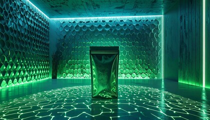 A futuristic room with a green pouch on a reflective floor surrounded by neon lights and bottles