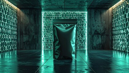A glowing neon green doorway in a dark room with a mysterious fabric hanging from it, illuminated by soft lighting, viewed from a straight-on perspective