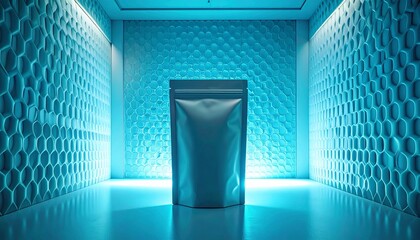 A shiny blue pouch stands alone in a bright blue hexagonal patterned room with reflective floor
