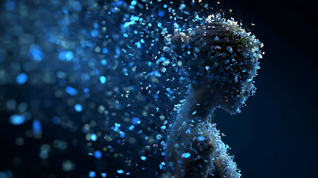 A silhouette of a person disintegrating into particles, signifying transformation or loss