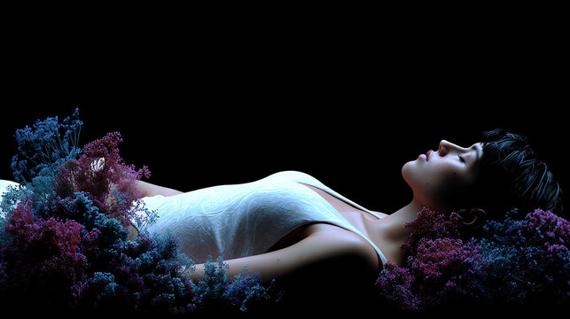 A person resting serenely amidst a cloud of vibrant, flowing colors