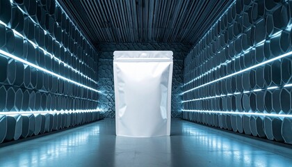 Futuristic corridor with neon lights and a mysterious doorway in a high-tech environment viewed from the entrance