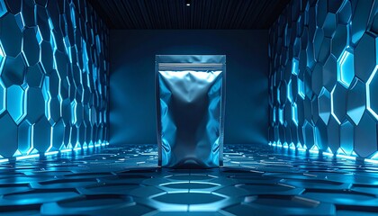 Futuristic corridor with glowing blue hexagons and doorway, viewed from the entrance, showcasing a futuristic architectural design in a dark environment