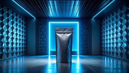 A sleek metallic pouch stands in a futuristic blue-lit room with geometric patterns and neon lights