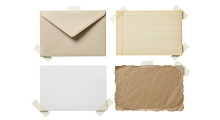 Four different types of paper and envelope on transparent background