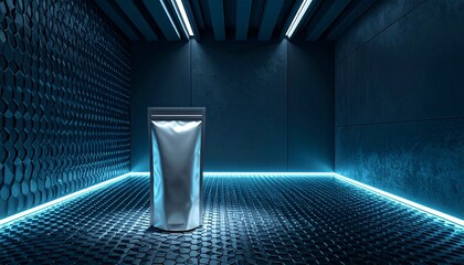 A silver pouch stands on a grid floor in a dimly lit room with neon blue lights.