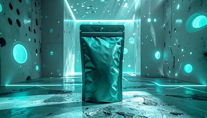 A futuristic turquoise pouch stands in a sleek, high-tech room with glowing blue orbs and neon lights surrounding it from every angle