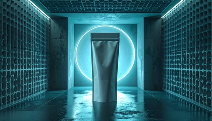 A sleek tube stands alone in a dimly lit, futuristic corridor with neon blue illumination and reflective flooring, viewed from a straight-on perspective.