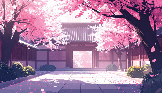 Historic Courtyard Entrance Beneath Sakura. Cultural Landmark Surrounded by Pink Bloom. Classic Oriental Compound in Spring Light