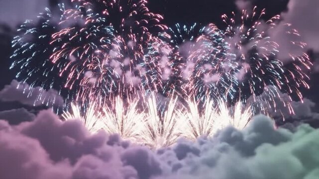 Spectacular Fireworks Exploding Over Colorful Fantasy Clouds at Night Animation Background